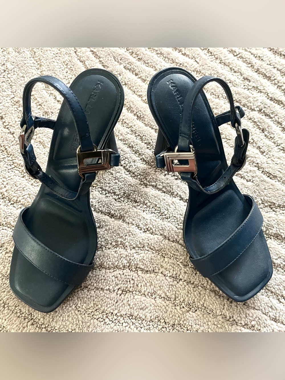 Karl Lagerfeld Black Strappy Leather Heeled Sandals with Buckle